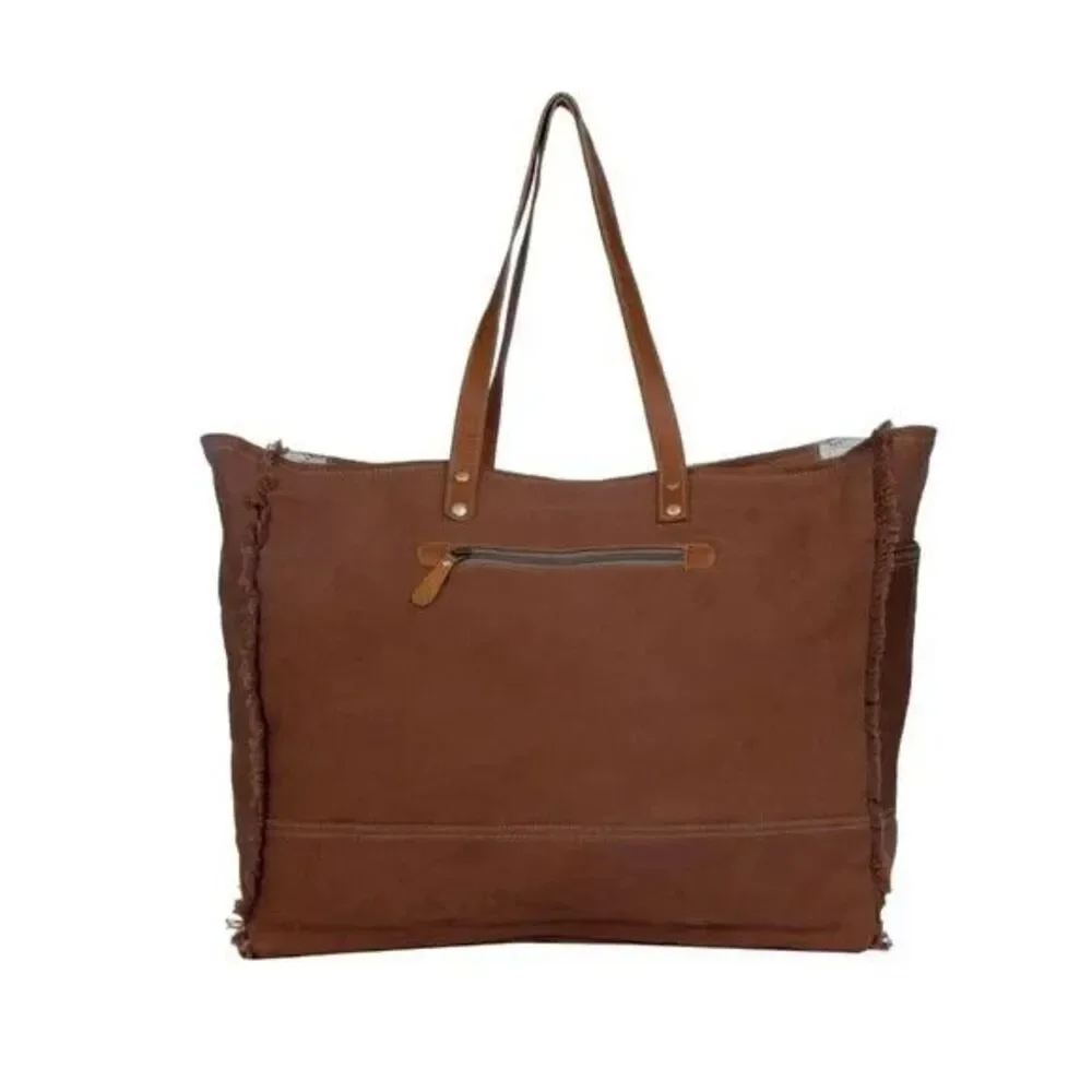 Myra Bag Handmade Dayspring Weekender Bag Upcycled Canvas & Cowhide Leather